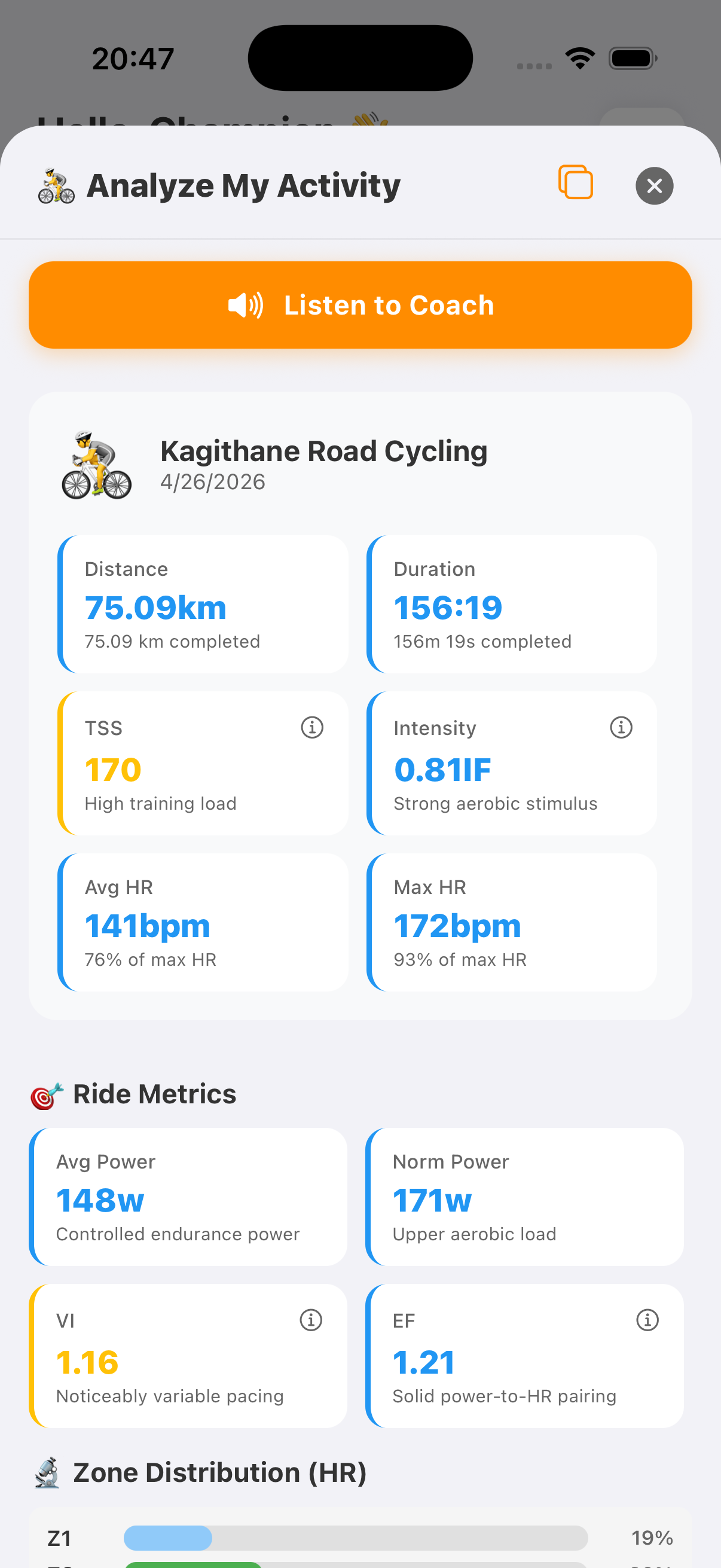 Activity Analysis screen showing a 75km road cycling ride: 156 minutes, TSS 170, intensity 0.81 IF, average HR 141 and zone distribution