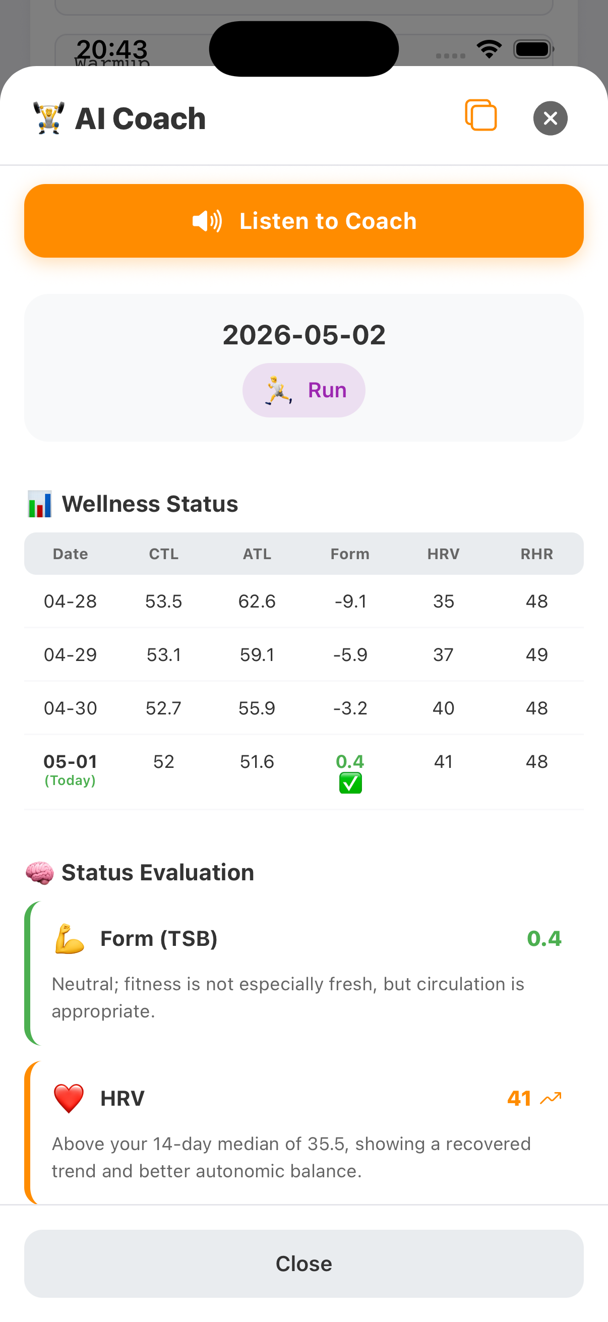 AI Coach wellness status screen showing CTL, ATL, Form, HRV and RHR for the last 4 days