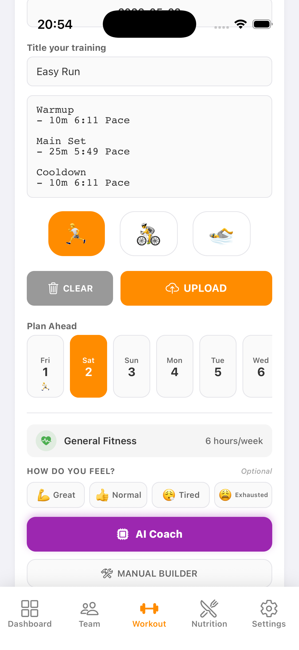 ICU Coach Auto Coach screen showing a generated Easy Run with Warmup, Main Set, and Cooldown pace breakdown plus Plan Ahead day selector and AI Coach button
