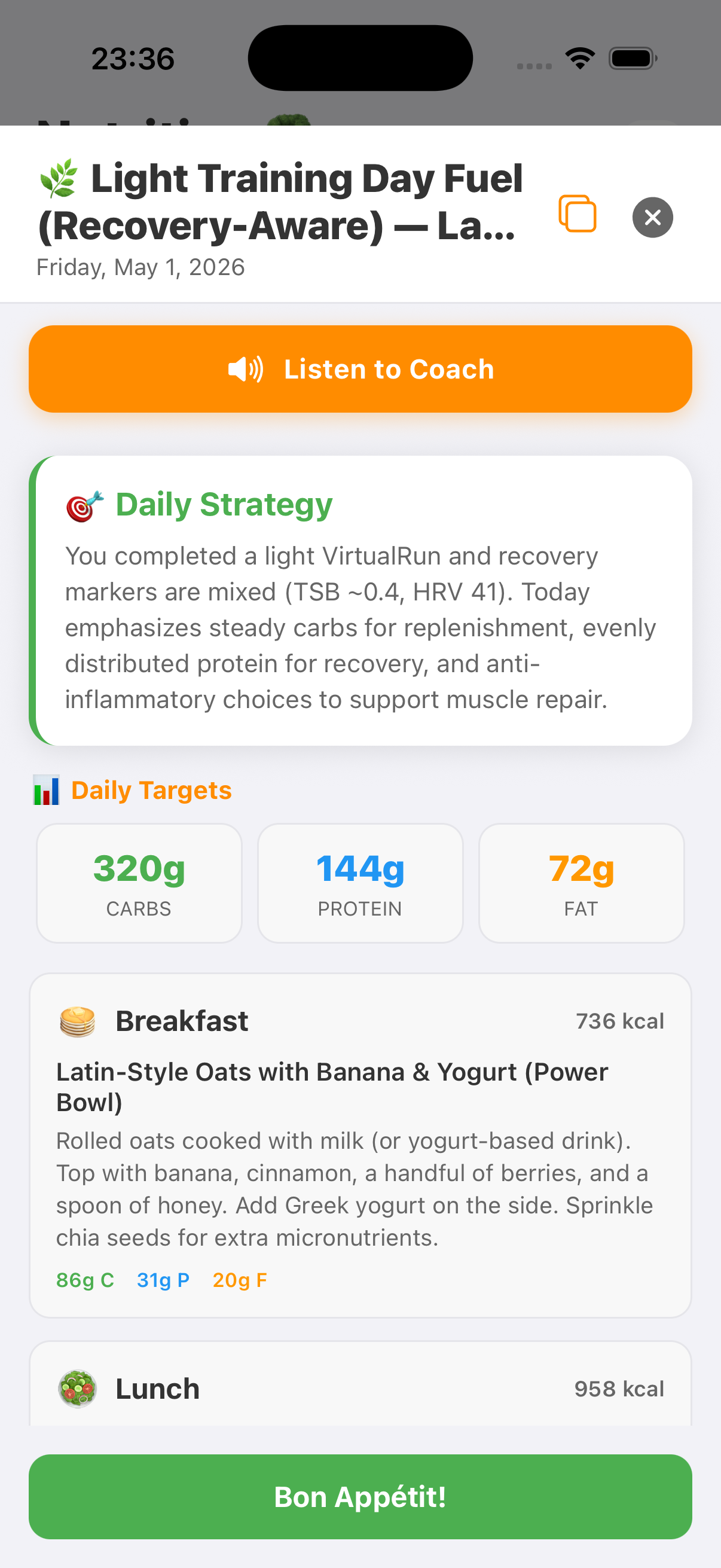 Daily Nutrition plan screen showing Light Training Day Fuel with 320g carbs, 144g protein, 72g fat targets and a Breakfast meal of Latin-Style Oats with Banana and Yogurt