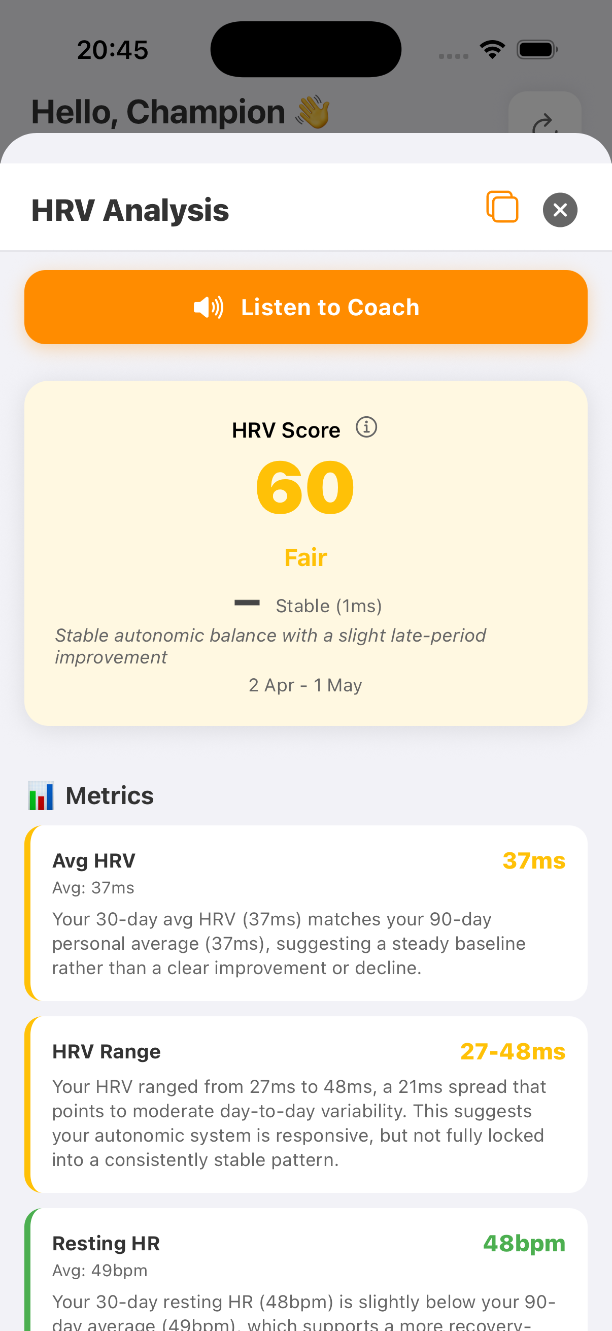 HRV Analysis screen showing HRV Score 60 Fair with average HRV 37ms, range 27-48ms and resting HR 48bpm