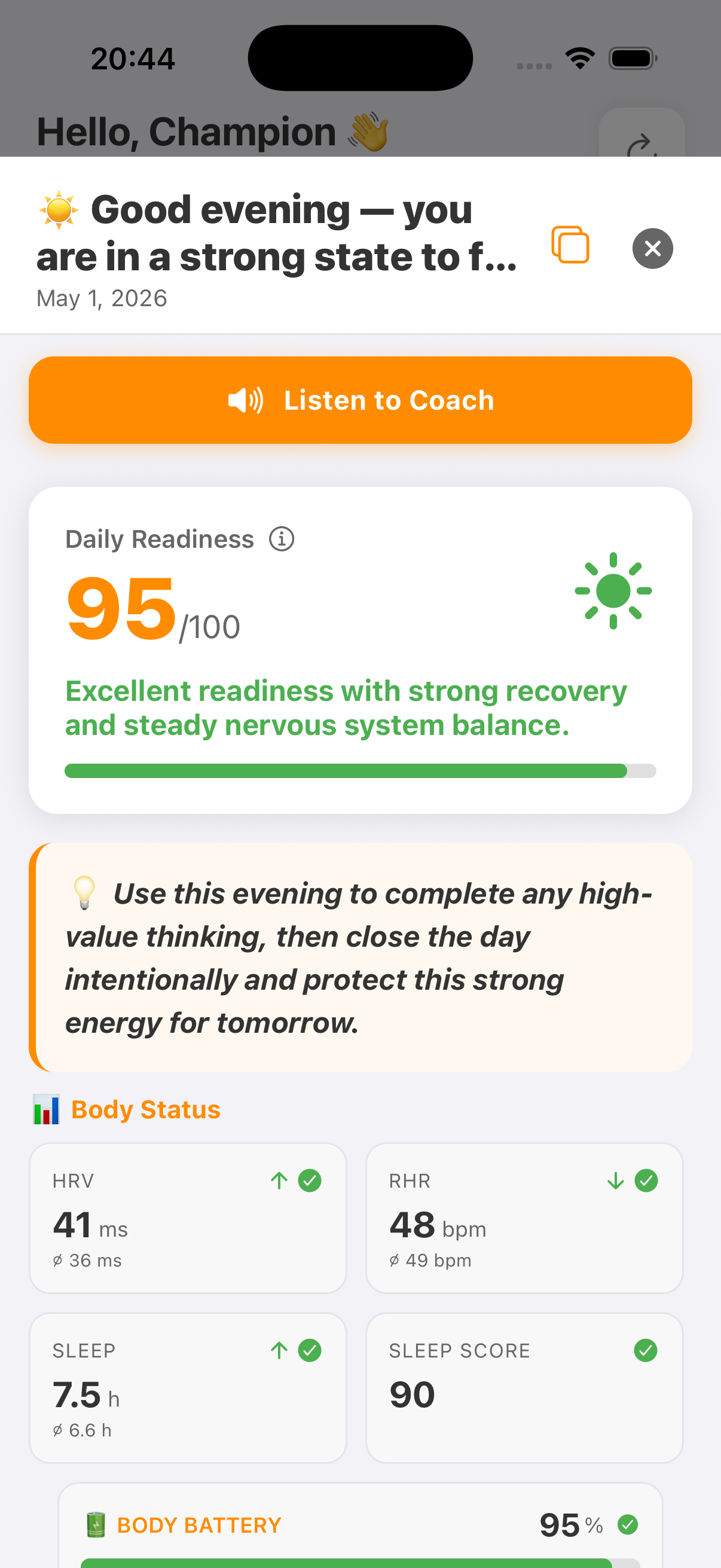 Morning Report screen showing Daily Readiness 95 of 100 with HRV, RHR, sleep and body battery
