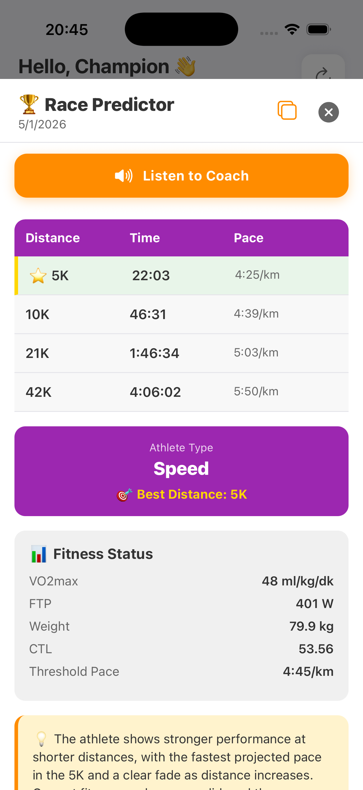 Race Predictor screen showing 5K 22:03, 10K 46:31, Half Marathon 1:46:34, Marathon 4:06:02 with athlete type Speed and best distance 5K