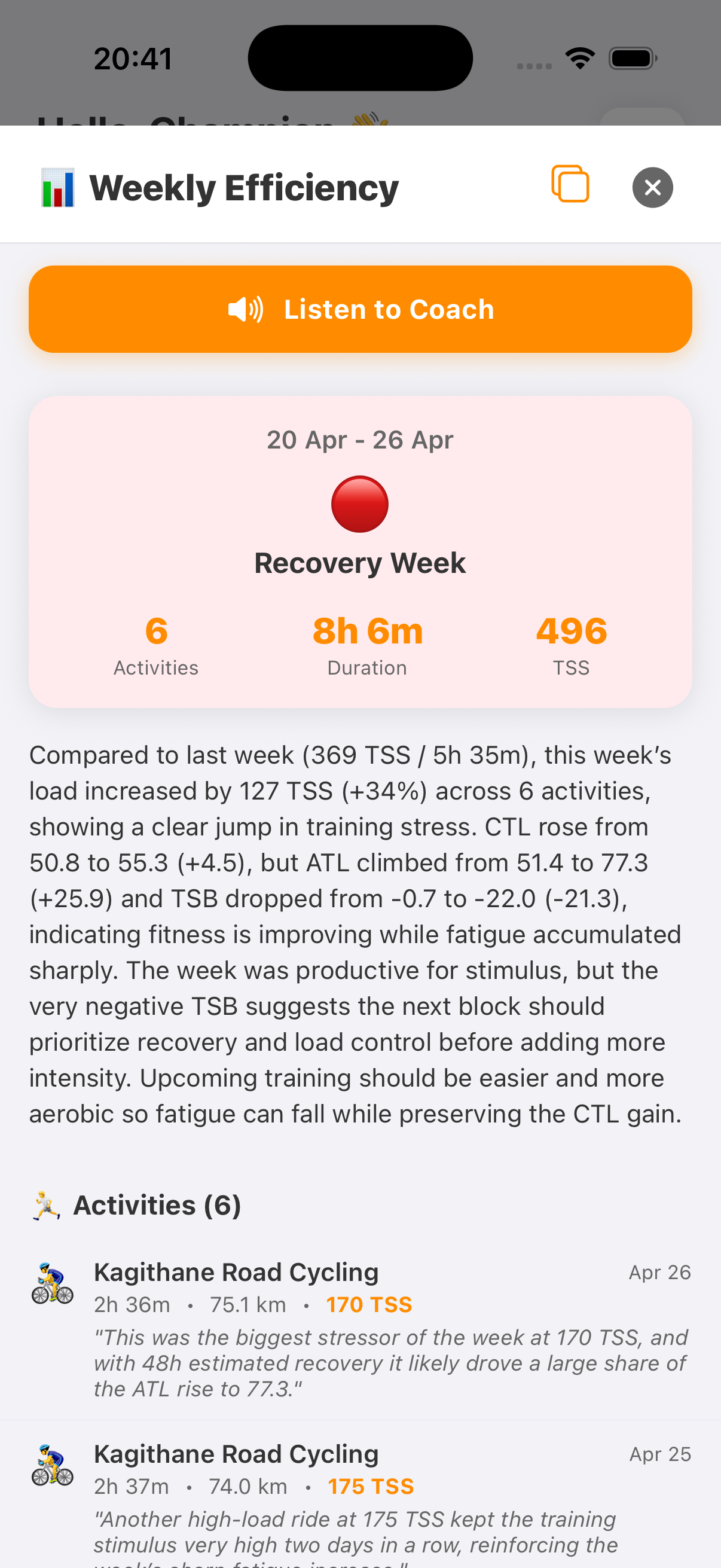 Weekly Efficiency screen showing Recovery Week April 20-26 with 6 activities, 8h 6m duration, 496 TSS and an AI commentary