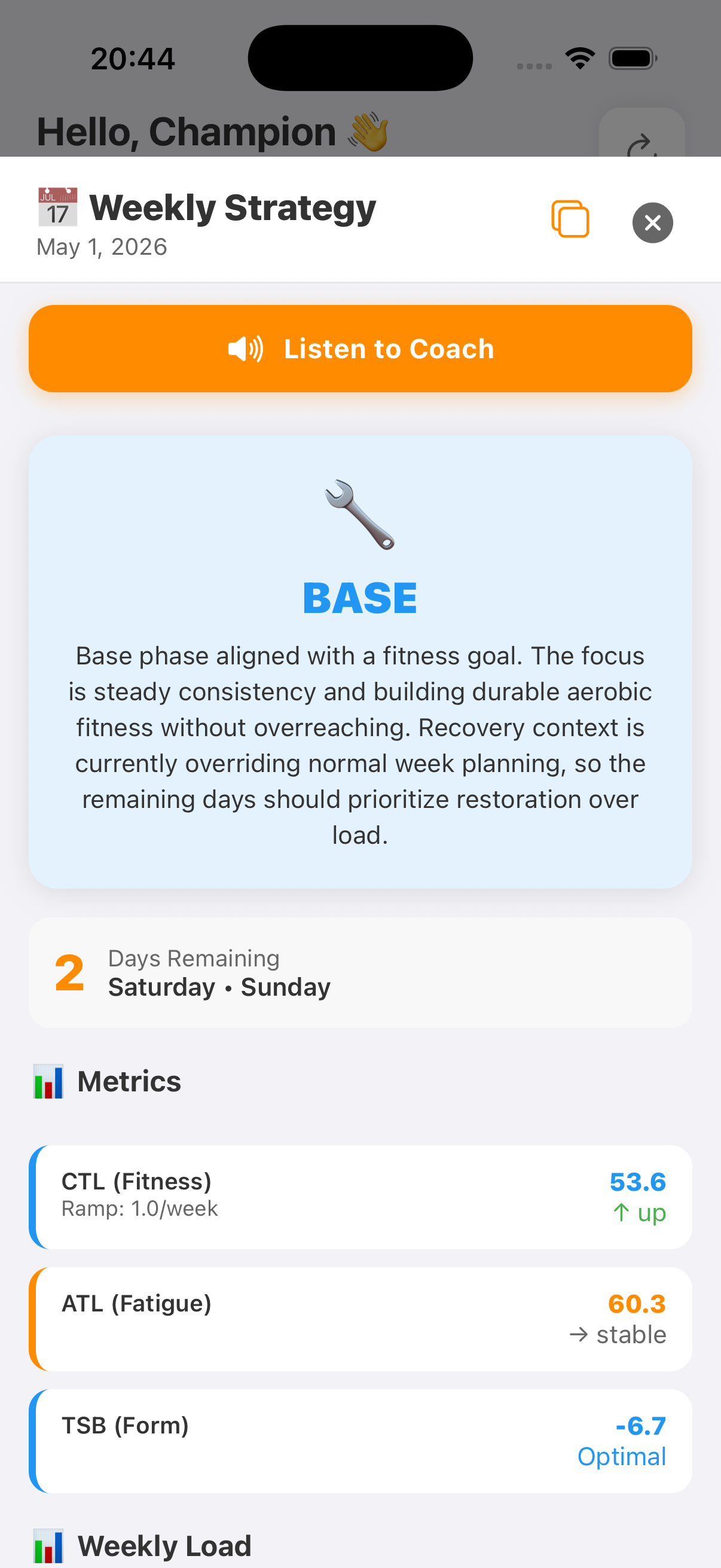 Weekly Strategy screen showing BASE phase with CTL 53.6, ATL 60.3, TSB -6.7 and 2 days remaining